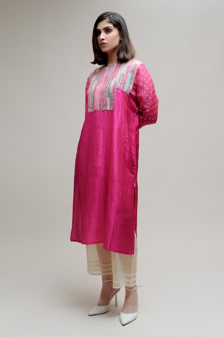 Buy Naina Jain Pink Silk, Georgette Beads V-neck Woven Stripe Pattern Yoke Kurta Online at Aza Fashions Buy_Naina Jain_Pink Silk, Georgette Beads V-neck Woven Stripe Pattern Yoke Kurta _Online_at_Aza_Fashions