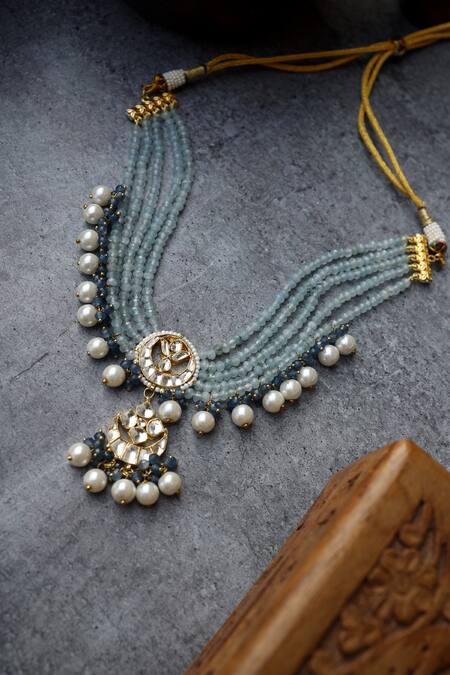 Shop_Paisley Pop_Blue Kundan And Pearls Beaded Choker Necklace _at_Aza_Fashions
