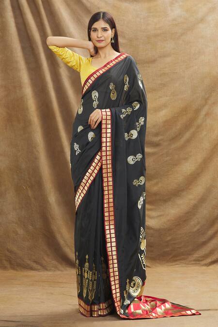Resa By Ushnakmals Black Katan Silk Woven Mughal Motif Saree Online at Aza Fashions Resa By Ushnakmals_Black Katan Silk Woven Mughal Motif Saree_Online_at_Aza_Fashions