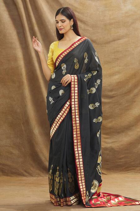 Shop Resa By Ushnakmals Black Katan Silk Woven Mughal Motif Saree Online at Aza Fashions Shop_Resa By Ushnakmals_Black Katan Silk Woven Mughal Motif Saree_Online_at_Aza_Fashions