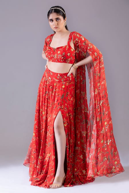 Krisha sunny Ramani Red Georgette Printed Floral Cape Open Skirt Set 