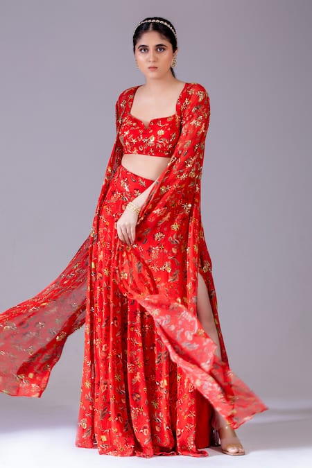 Shop Krisha Sunny Ramani Red Georgette Sequins Split V-neck Floral Print Cape Skirt Set at Aza Fashions Shop_Krisha Sunny Ramani_Red Georgette Sequins Split V-neck Floral Print Cape Skirt Set _at_Aza_Fashions
