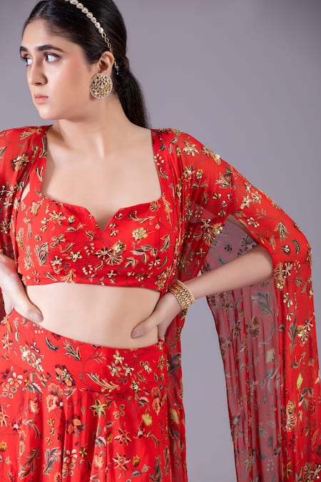 Buy Krisha Sunny Ramani Red Georgette Sequins Split V-neck Floral Print Cape Skirt Set Online at Aza Fashions Buy_Krisha Sunny Ramani_Red Georgette Sequins Split V-neck Floral Print Cape Skirt Set _Online_at_Aza_Fashions