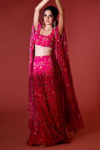 Shop Krisha Sunny Ramani Fuchsia Georgette Embroidery Round Neck Floral Print Cape Sharara Set Online at Aza Fashions Shop_Krisha Sunny Ramani_Fuchsia Georgette Embroidery Round Neck Floral Print Cape Sharara Set _Online_at_Aza_Fashions
