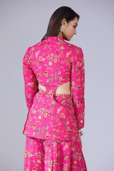Krisha Sunny Ramani_Fuchsia Georgette Embroidery Shawl Neck Printed Blazer And Sharara Set _Online_at_Aza_Fashions