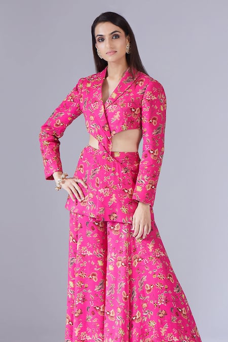 Buy Krisha Sunny Ramani Fuchsia Georgette Embroidery Shawl Neck Printed Blazer And Sharara Set Online at Aza Fashions Buy_Krisha Sunny Ramani_Fuchsia Georgette Embroidery Shawl Neck Printed Blazer And Sharara Set _Online_at_Aza_Fashions