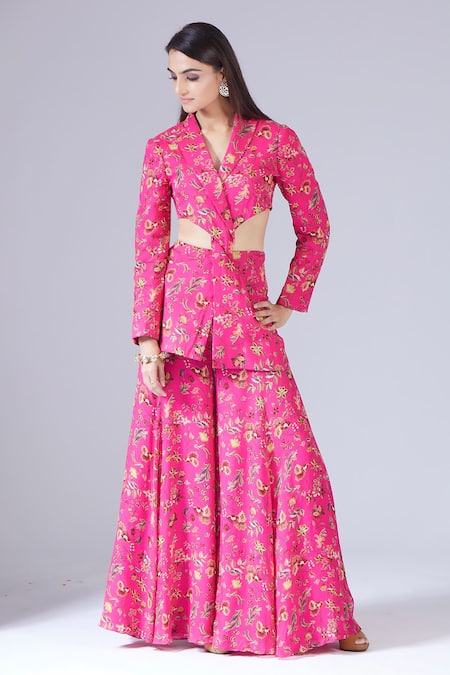Shop_Krisha Sunny Ramani_Fuchsia Georgette Embroidery Shawl Neck Printed Blazer And Sharara Set _Online_at_Aza_Fashions