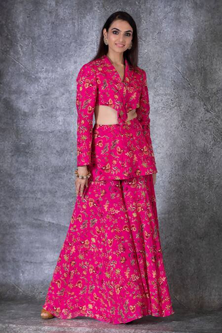 Krisha Sunny Ramani_Fuchsia Georgette Embroidery Shawl Neck Printed Blazer And Sharara Set _at_Aza_Fashions