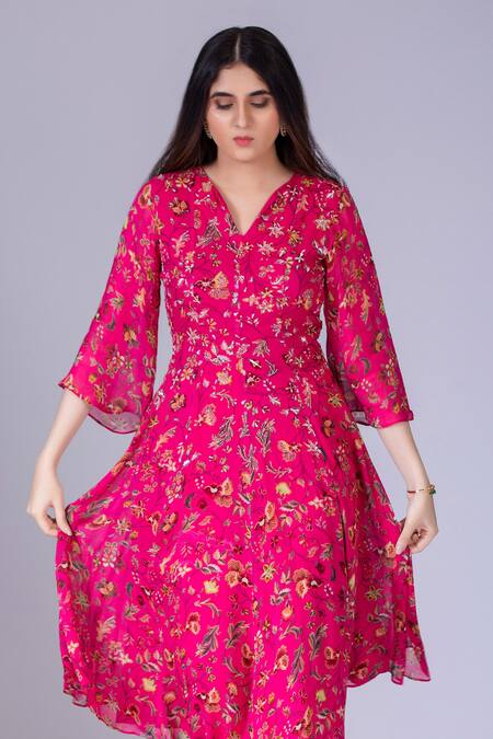 Krisha Sunny Ramani_Fuchsia Georgette Embroidery V-neck Floral Print Anarkali And Pant Set _Online_at_Aza_Fashions