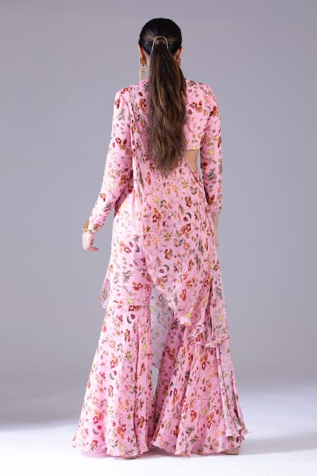 Buy Pink Georgette Sequins, Cut Work Round Neck Botanical Print