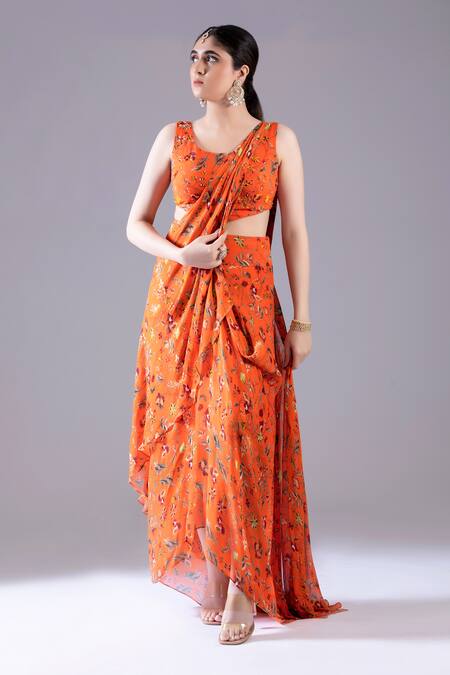 Krisha Sunny Ramani_Orange Georgette Embroidery, Beads, Floral Print Draped Blouse And Dhoti Skirt Set _Online_at_Aza_Fashions