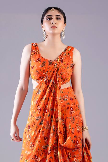 Buy_Krisha Sunny Ramani_Orange Georgette Embroidery, Beads, Floral Print Draped Blouse And Dhoti Skirt Set _Online_at_Aza_Fashions