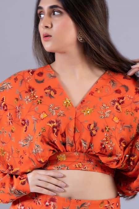 Krisha Sunny Ramani Orange Georgette Beads, Sequins V-neck Floral Print Lehenga And Blouse Set Online at Aza Fashions Krisha Sunny Ramani_Orange Georgette Beads, Sequins V-neck Floral Print Lehenga And Blouse Set _Online_at_Aza_Fashions