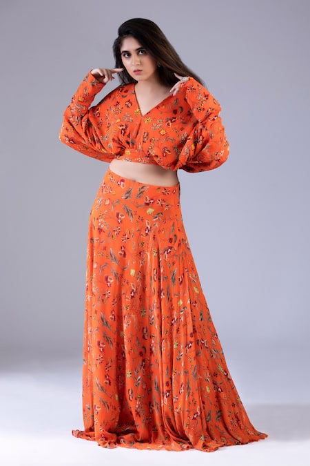 Buy Krisha Sunny Ramani Orange Georgette Beads, Sequins V-neck Floral Print Lehenga And Blouse Set Online at Aza Fashions Buy_Krisha Sunny Ramani_Orange Georgette Beads, Sequins V-neck Floral Print Lehenga And Blouse Set _Online_at_Aza_Fashions