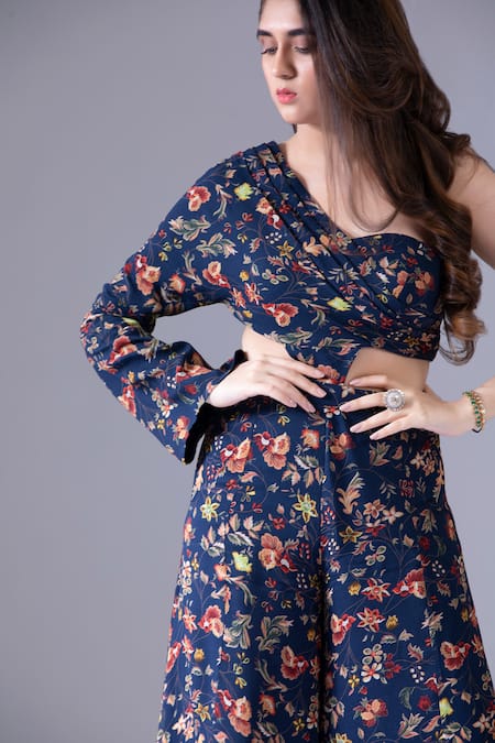 Krisha Sunny Ramani Blue Georgette One Shoulder Floral Print Flared Jumpsuit Online at Aza Fashions Krisha Sunny Ramani_Blue Georgette One Shoulder Floral Print Flared Jumpsuit _Online_at_Aza_Fashions