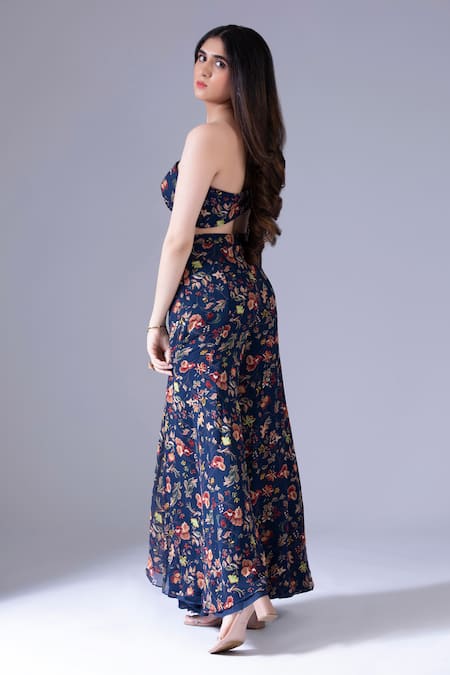 Shop Krisha Sunny Ramani Blue Georgette One Shoulder Floral Print Flared Jumpsuit at Aza Fashions Shop_Krisha Sunny Ramani_Blue Georgette One Shoulder Floral Print Flared Jumpsuit _at_Aza_Fashions
