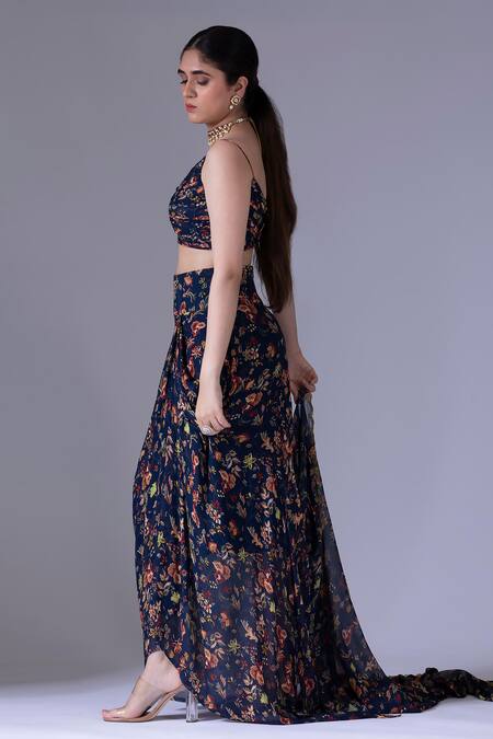 Krisha Sunny Ramani_Blue Georgette Embroidery, Sequins, Beads Cowl Floral Print Jacket Skirt Set _Online_at_Aza_Fashions