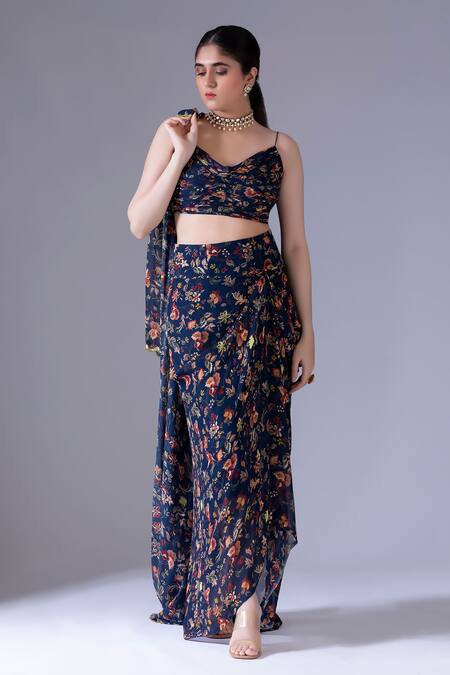 Buy Krisha Sunny Ramani Blue Georgette Embroidery, Sequins, Beads Cowl Floral Print Jacket Skirt Set Online at Aza Fashions Buy_Krisha Sunny Ramani_Blue Georgette Embroidery, Sequins, Beads Cowl Floral Print Jacket Skirt Set _Online_at_Aza_Fashions