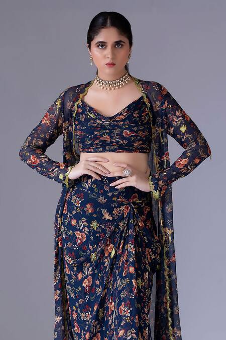 Shop Krisha Sunny Ramani Blue Georgette Embroidery, Sequins, Beads Cowl Floral Print Jacket Skirt Set Online at Aza Fashions Shop_Krisha Sunny Ramani_Blue Georgette Embroidery, Sequins, Beads Cowl Floral Print Jacket Skirt Set _Online_at_Aza_Fashions