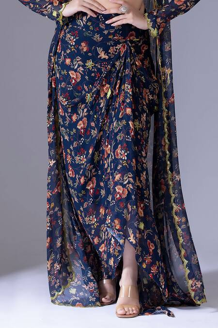 Krisha Sunny Ramani Blue Georgette Embroidery, Sequins, Beads Cowl Floral Print Jacket Skirt Set at Aza Fashions Krisha Sunny Ramani_Blue Georgette Embroidery, Sequins, Beads Cowl Floral Print Jacket Skirt Set _at_Aza_Fashions