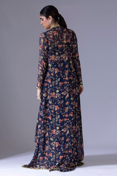 Shop_Krisha Sunny Ramani_Blue Georgette Embroidery, Sequins, Beads Cowl Floral Print Jacket Skirt Set _at_Aza_Fashions