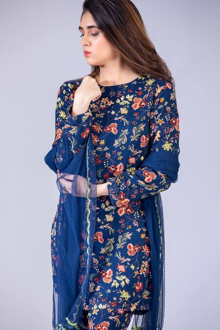 Krisha Sunny Ramani_Blue Georgette, Net Beads, Sequins, Embroidery Floral Print Kurta Gharara Set _Online_at_Aza_Fashions