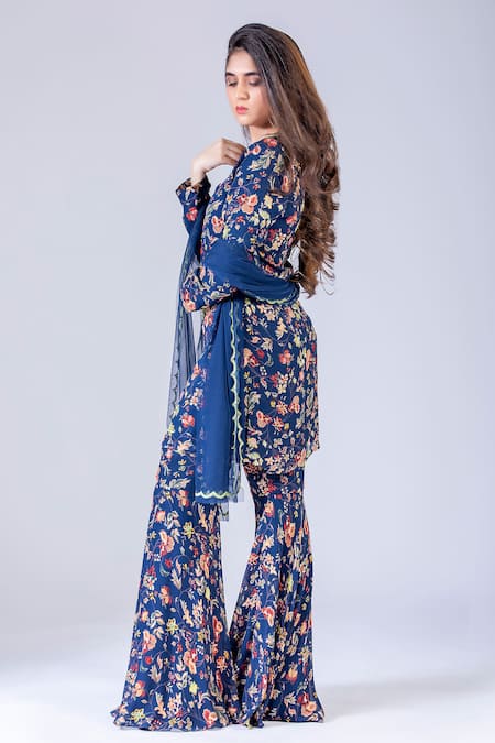 Shop_Krisha Sunny Ramani_Blue Georgette, Net Beads, Sequins, Embroidery Floral Print Kurta Gharara Set _at_Aza_Fashions