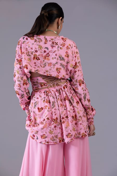 Krisha Sunny Ramani Pink Georgette, Net Beads, Sequins Floral Print Peplum Kurta And Sharara Set Online at Aza Fashions Krisha Sunny Ramani_Pink Georgette, Net Beads, Sequins Floral Print Peplum Kurta And Sharara Set _Online_at_Aza_Fashions