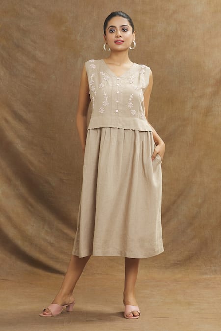 Linen Bloom Linen Floral Hand Embroidered Dress 