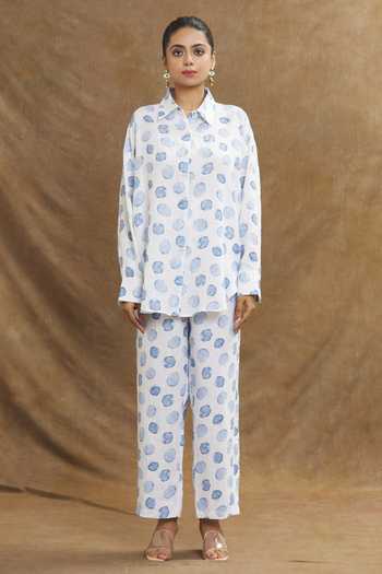 Buy_Linen Bloom_White Linen Collared Polka Dot Print Shirt _Online_at_Aza_Fashions