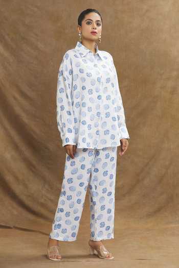 Shop_Linen Bloom_White Linen Collared Polka Dot Print Shirt _Online_at_Aza_Fashions