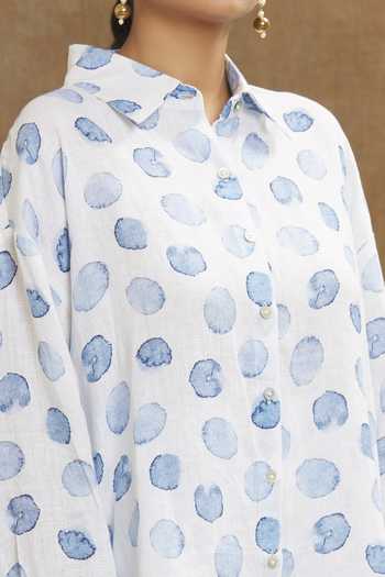 Linen Bloom_White Linen Collared Polka Dot Print Shirt _at_Aza_Fashions