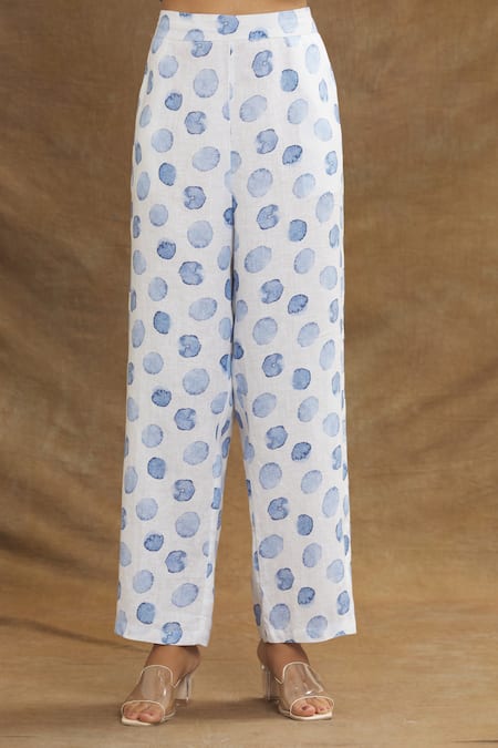 Buy Linen Bloom White Linen Polka Dot Print Pant Online at Aza Fashions Buy_Linen Bloom_White Linen Polka Dot Print Pant _Online_at_Aza_Fashions