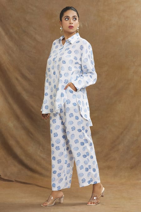 Linen Bloom White Linen Polka Dot Print Pant Online at Aza Fashions Linen Bloom_White Linen Polka Dot Print Pant _Online_at_Aza_Fashions