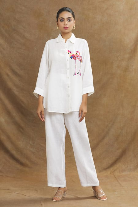 Linen Bloom Linen Flamingo Placement Embroidered Shirt 