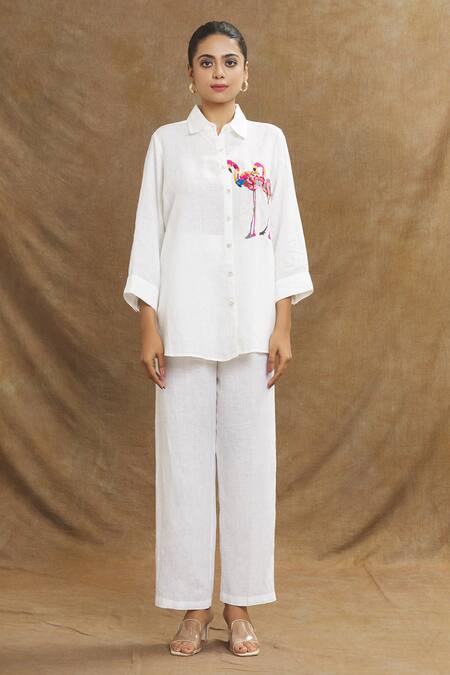 Buy_Linen Bloom_White Linen Embroidery Collared Flamingo Placement Shirt _Online_at_Aza_Fashions