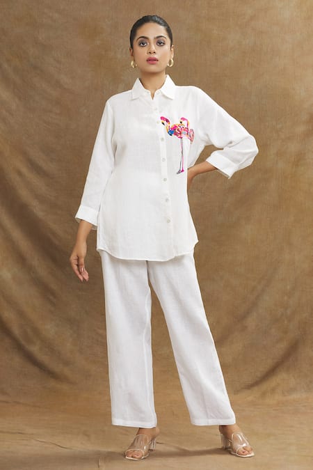 Shop_Linen Bloom_White Linen Embroidery Collared Flamingo Placement Shirt _Online_at_Aza_Fashions