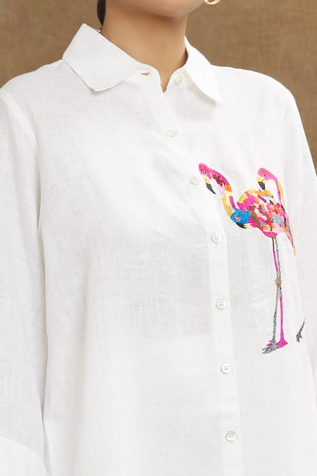 Linen Bloom_White Linen Embroidery Collared Flamingo Placement Shirt _at_Aza_Fashions
