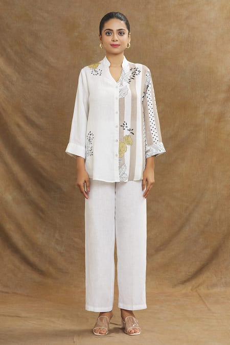 Buy_Linen Bloom_White Linen Mandarin Collar Stripe Print Shirt _Online_at_Aza_Fashions