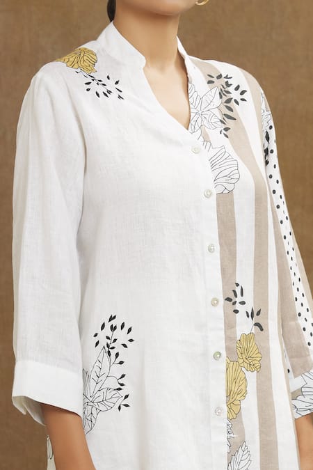 Linen Bloom_White Linen Mandarin Collar Stripe Print Shirt _at_Aza_Fashions