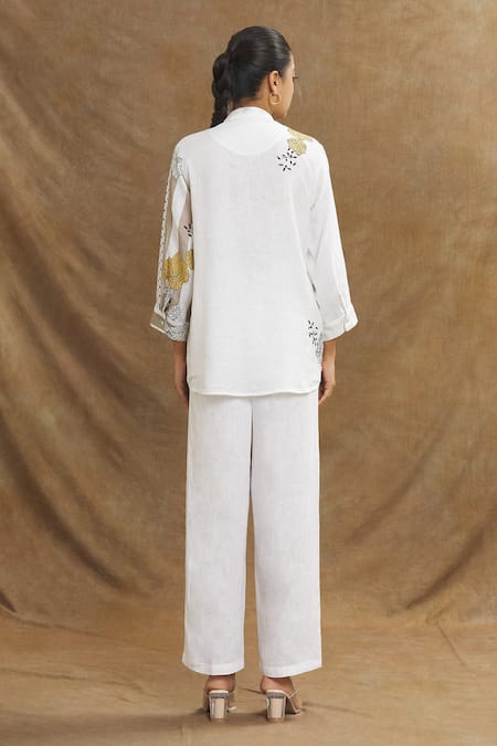 Linen Bloom_White Linen Mandarin Collar Stripe Print Shirt _Online_at_Aza_Fashions
