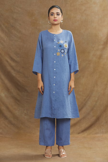Buy Linen Bloom Blue Linen Embroidery Round Neck Placement Tunic Online at Aza Fashions Buy_Linen Bloom_Blue Linen Embroidery Round Neck Placement Tunic _Online_at_Aza_Fashions