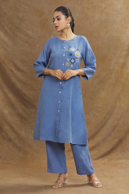 Shop Linen Bloom Blue Linen Embroidery Round Neck Placement Tunic Online at Aza Fashions Shop_Linen Bloom_Blue Linen Embroidery Round Neck Placement Tunic _Online_at_Aza_Fashions