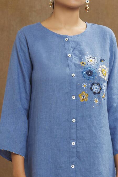 Linen Bloom Blue Linen Embroidery Round Neck Placement Tunic at Aza Fashions Linen Bloom_Blue Linen Embroidery Round Neck Placement Tunic _at_Aza_Fashions