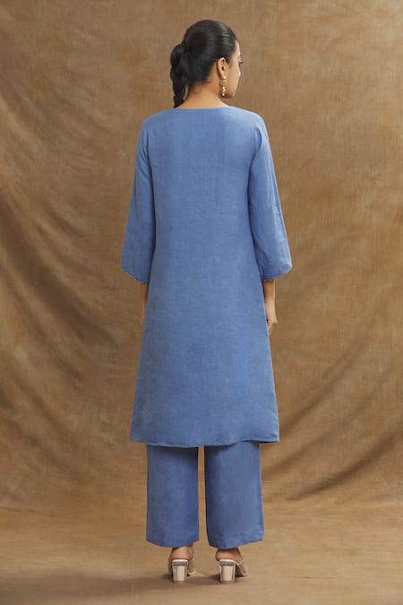 Linen Bloom Blue Linen Embroidery Round Neck Placement Tunic Online at Aza Fashions Linen Bloom_Blue Linen Embroidery Round Neck Placement Tunic _Online_at_Aza_Fashions