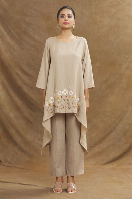 Buy_Linen Bloom_Brown Linen Embroidery Round Neck Floral Placement Tunic _Online_at_Aza_Fashions