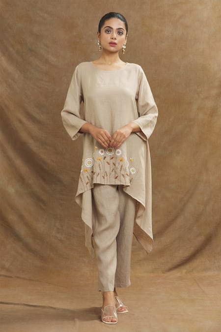 Shop_Linen Bloom_Brown Linen Embroidery Round Neck Floral Placement Tunic _Online_at_Aza_Fashions