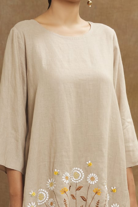 Linen Bloom_Brown Linen Embroidery Round Neck Floral Placement Tunic _at_Aza_Fashions