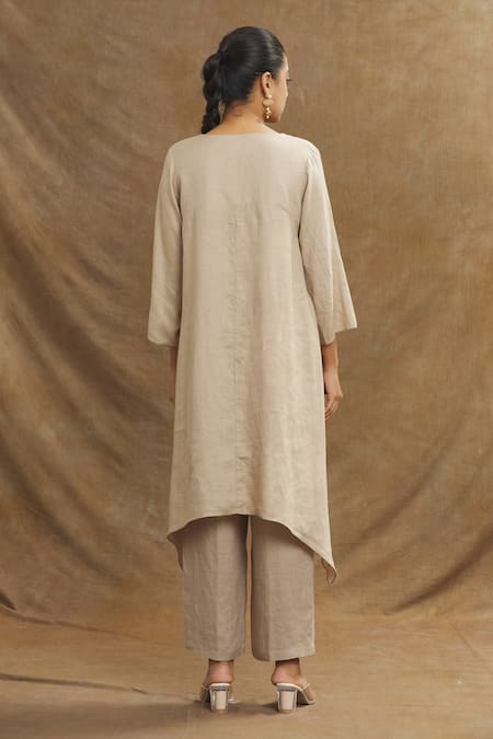 Linen Bloom_Brown Linen Embroidery Round Neck Floral Placement Tunic _Online_at_Aza_Fashions