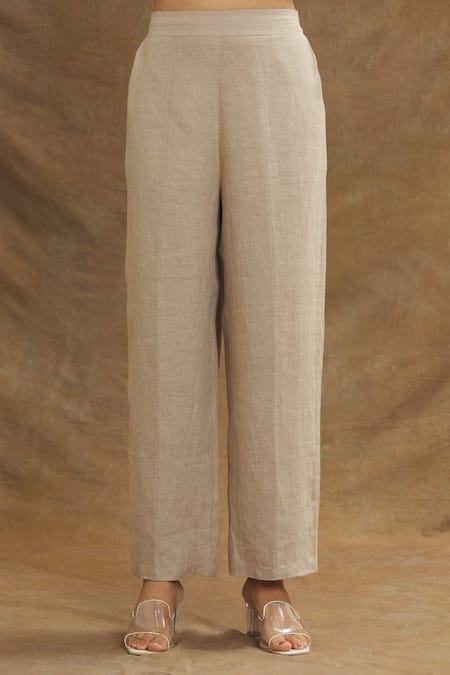 Buy_Linen Bloom_Brown Linen Solid Pant _Online_at_Aza_Fashions